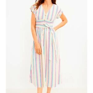 Ann Taylor LOFT Midi Dress Rainbow Stripe Short Sleeve Button Up Womens 4 GUC